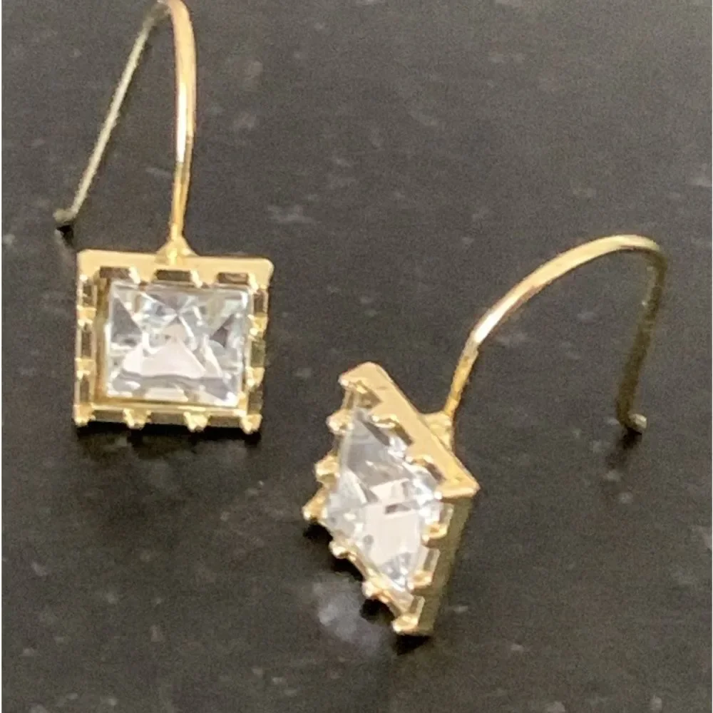 Square Faux Diamond Drop Stud Earrings Gold Tone